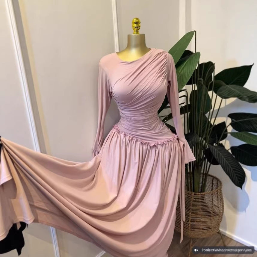 Elegant Long Sleeve Pleated Ruffle Resort Stretchy Maxi Dress