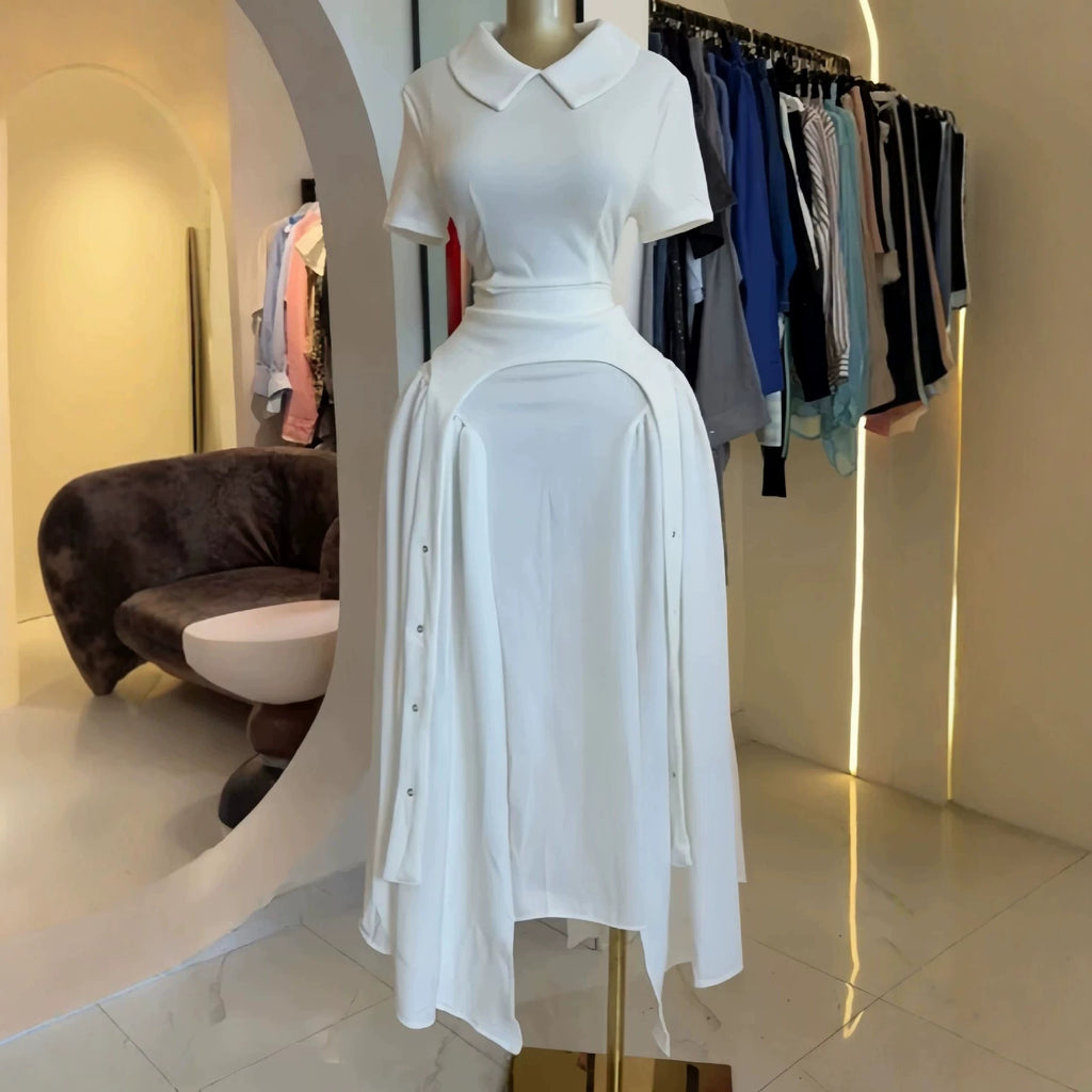 Short Sleeve Doll Collar Zipper White Long Dress