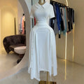 Short Sleeve Doll Collar Zipper White Long Dress