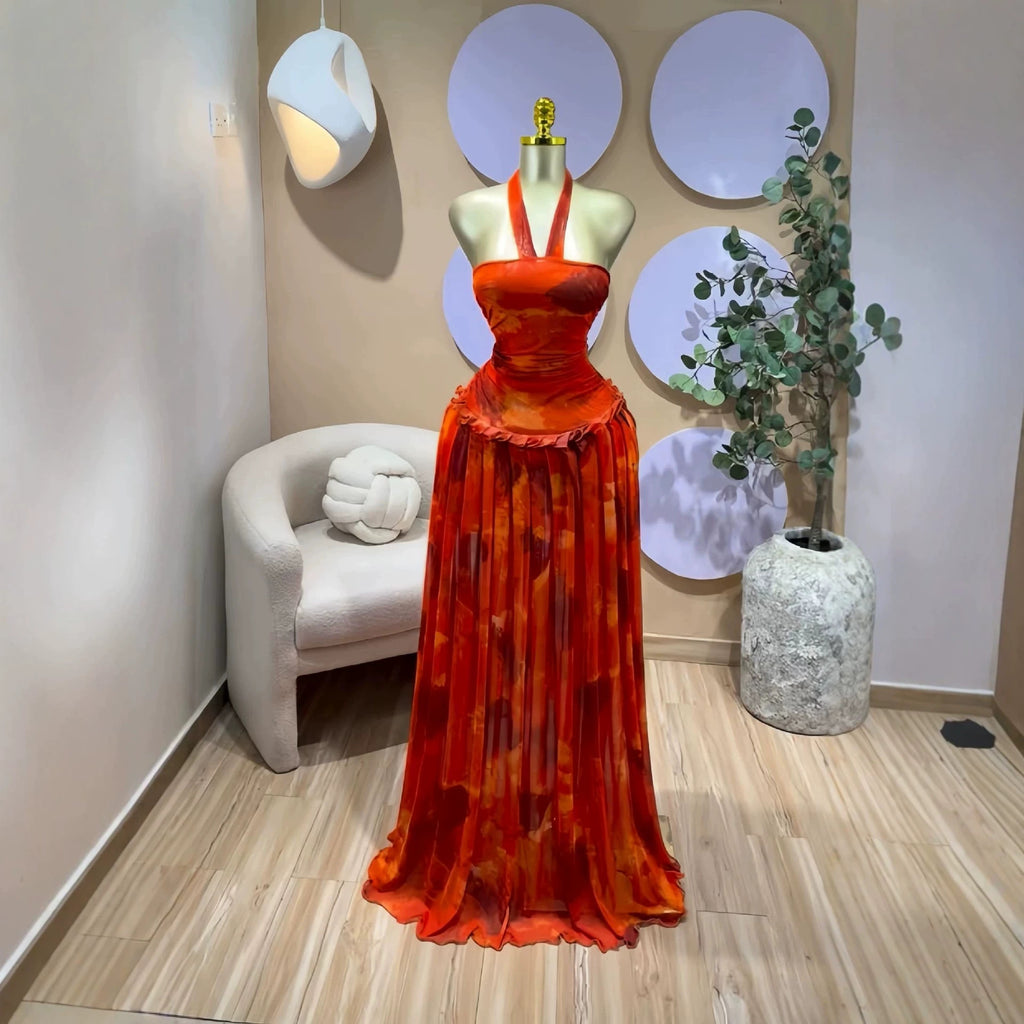 Printed Sleeveless Halter Neck Open Back Pleated Resort Maxi Dress