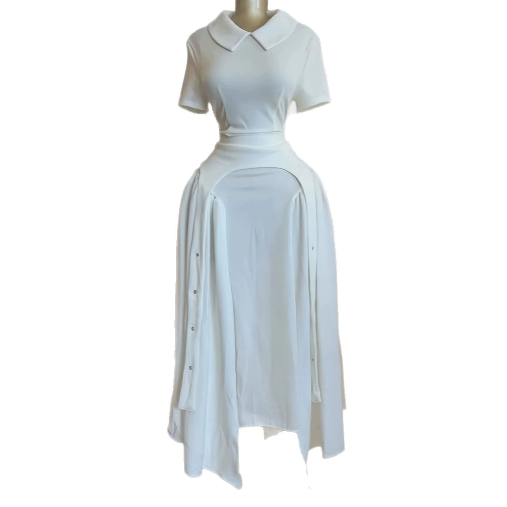 Short Sleeve Doll Collar Zipper White Long Dress