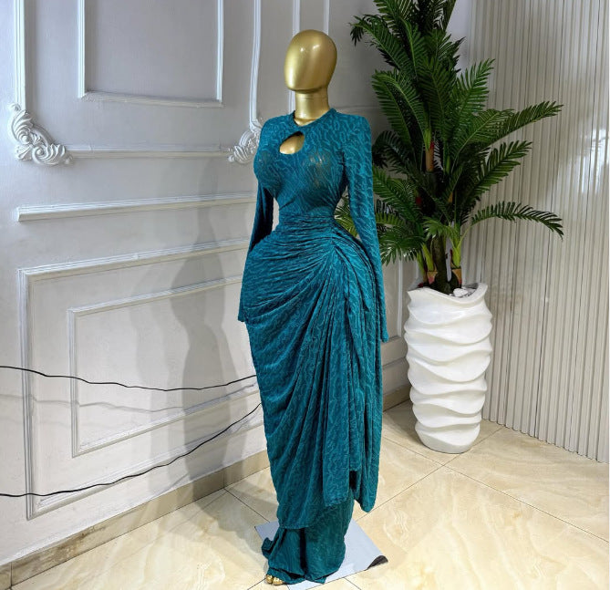 Jacquard Long Sleeve Ruched Tie Ribbon Maxi Dress