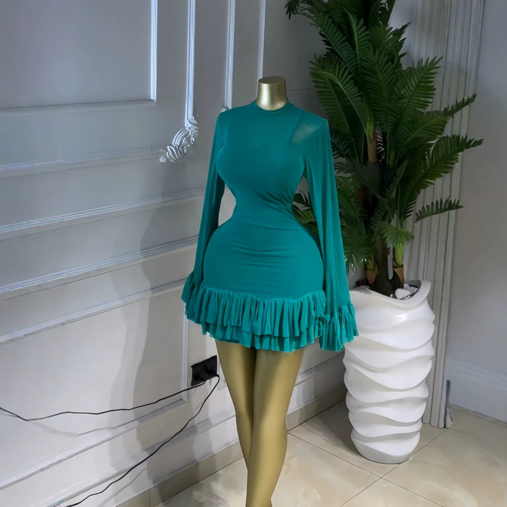Resort Tiered Long Sleeve High Waist Mesh Elegant Dress