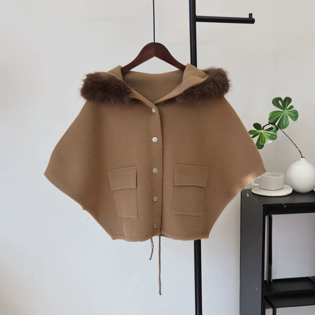 Mao collar hooded cloak jacket