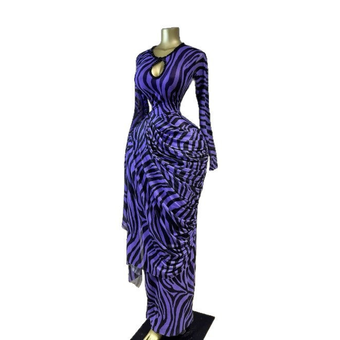 Printed Long Sleeve Mesh Cut-Out Rhinestone Dress