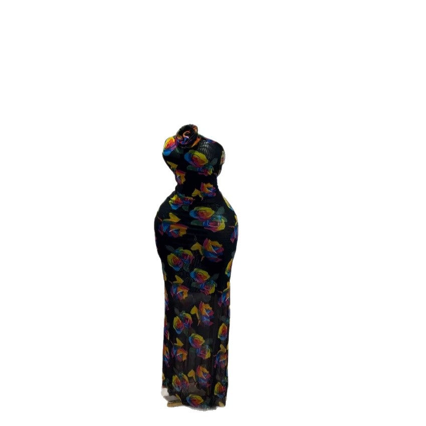 Elegant Sexy Halter Neck Mesh Printed Sleeveless Slim Fit Open Back Evening Dress