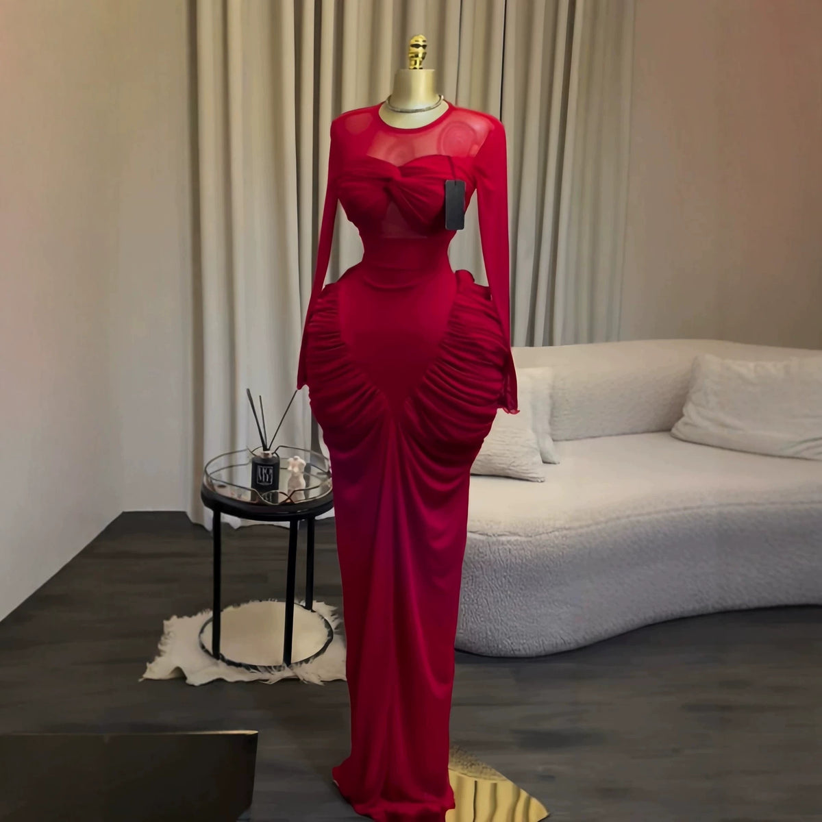 Chic Sexy Long Sleeve Ruched Mesh Slim Fit Bodycon Dress