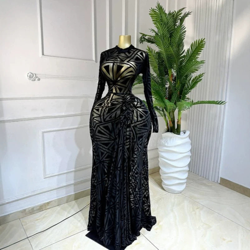 Long Sleeve Ruched Tulle Flocking Elegant Maxi Dress