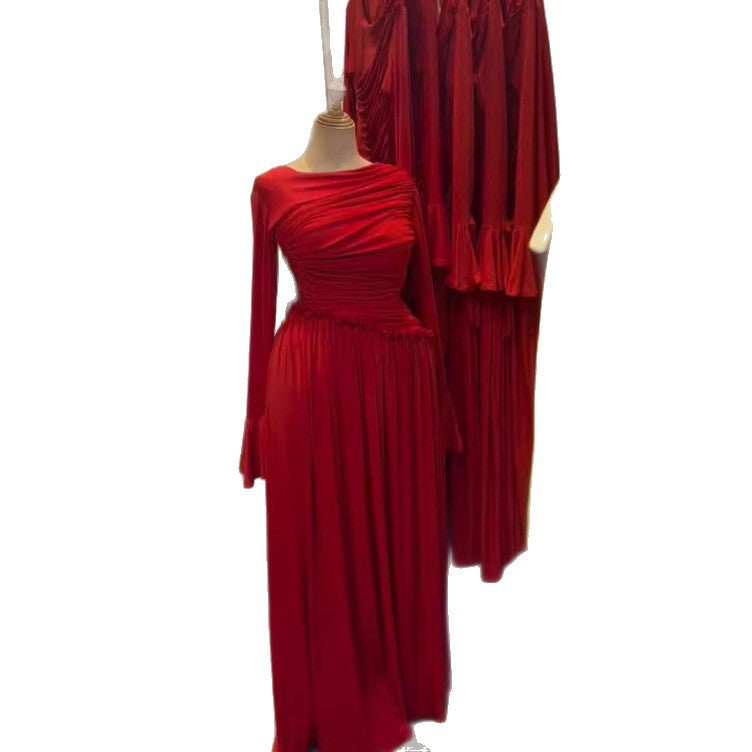 Elegant Long Sleeve Pleated Ruffle Resort Stretchy Maxi Dress