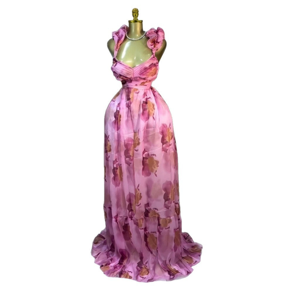 Elegant Printed Sleeveless Open Back Padded Maxi Dress