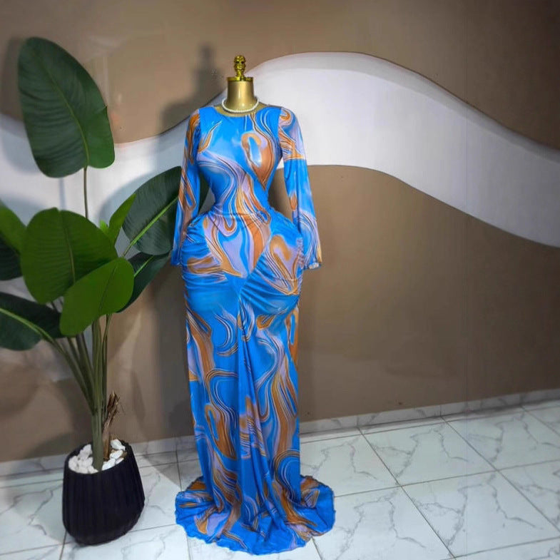 Print Long Sleeve Ruffled Mesh Maxi Dress