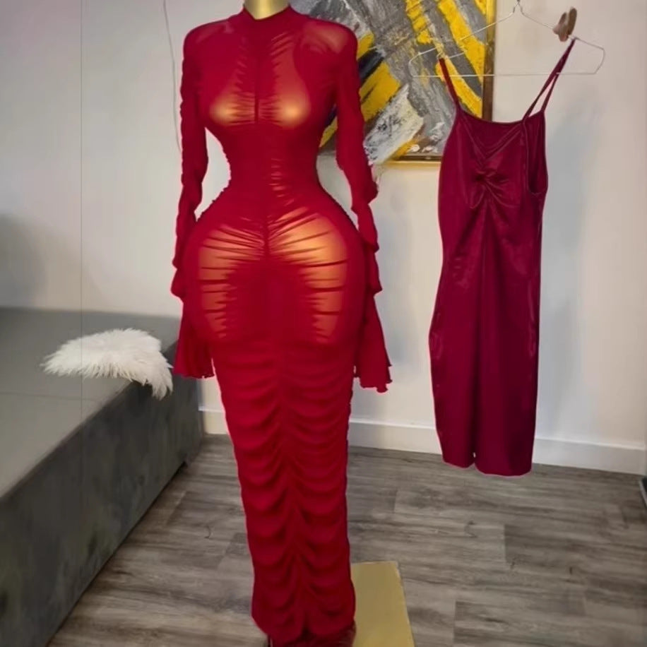 Long Sleeve Ruffled Long Dress with Inner Slip