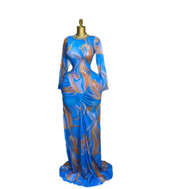 Print Long Sleeve Ruffled Mesh Maxi Dress