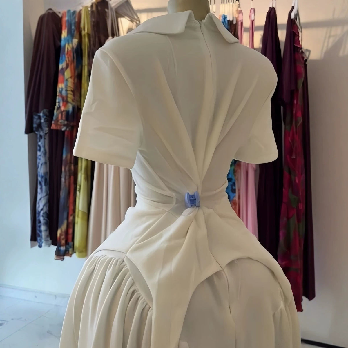 Short Sleeve Doll Collar Zipper White Long Dress