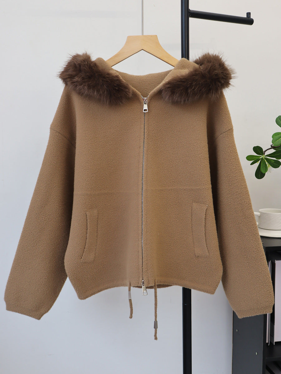 Double zipper hooded jacket for women