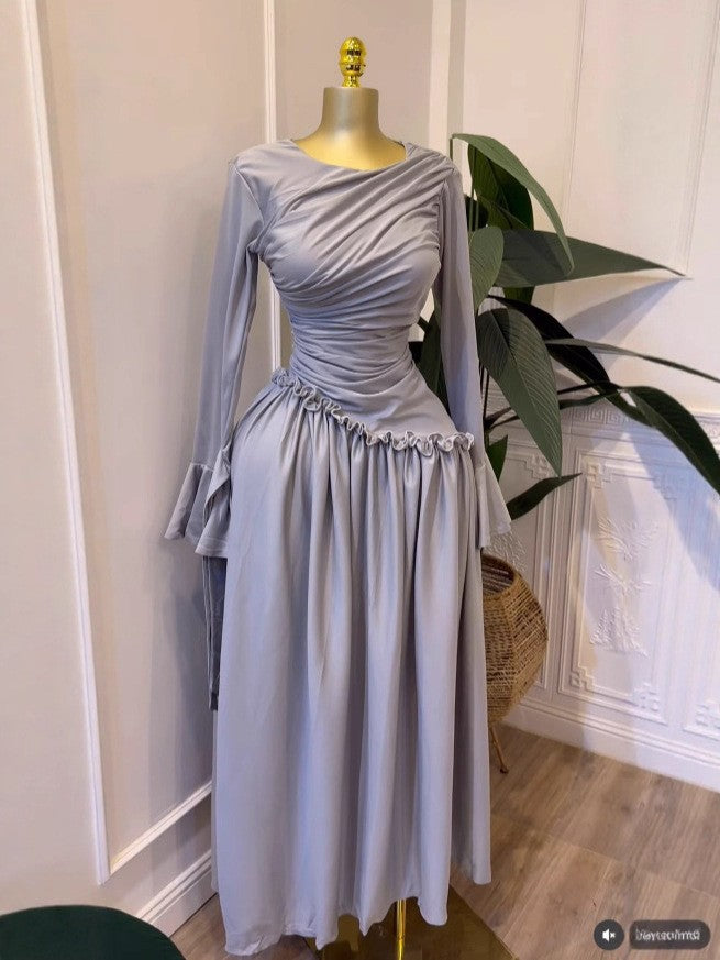 Elegant Long Sleeve Pleated Ruffle Resort Stretchy Maxi Dress