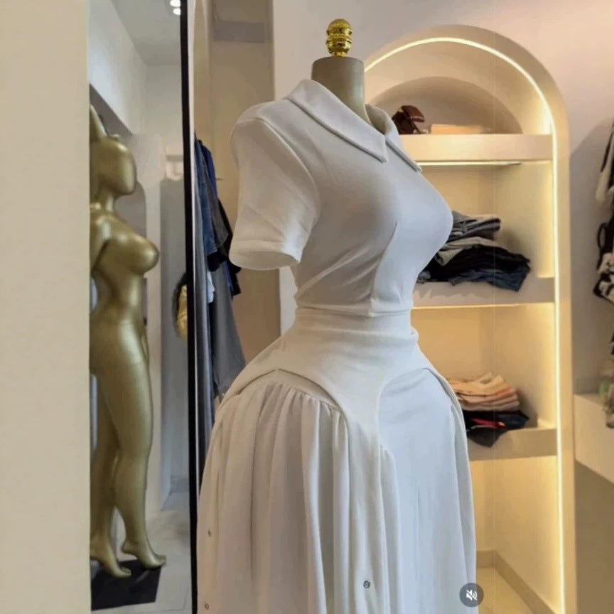 Short Sleeve Doll Collar Zipper White Long Dress