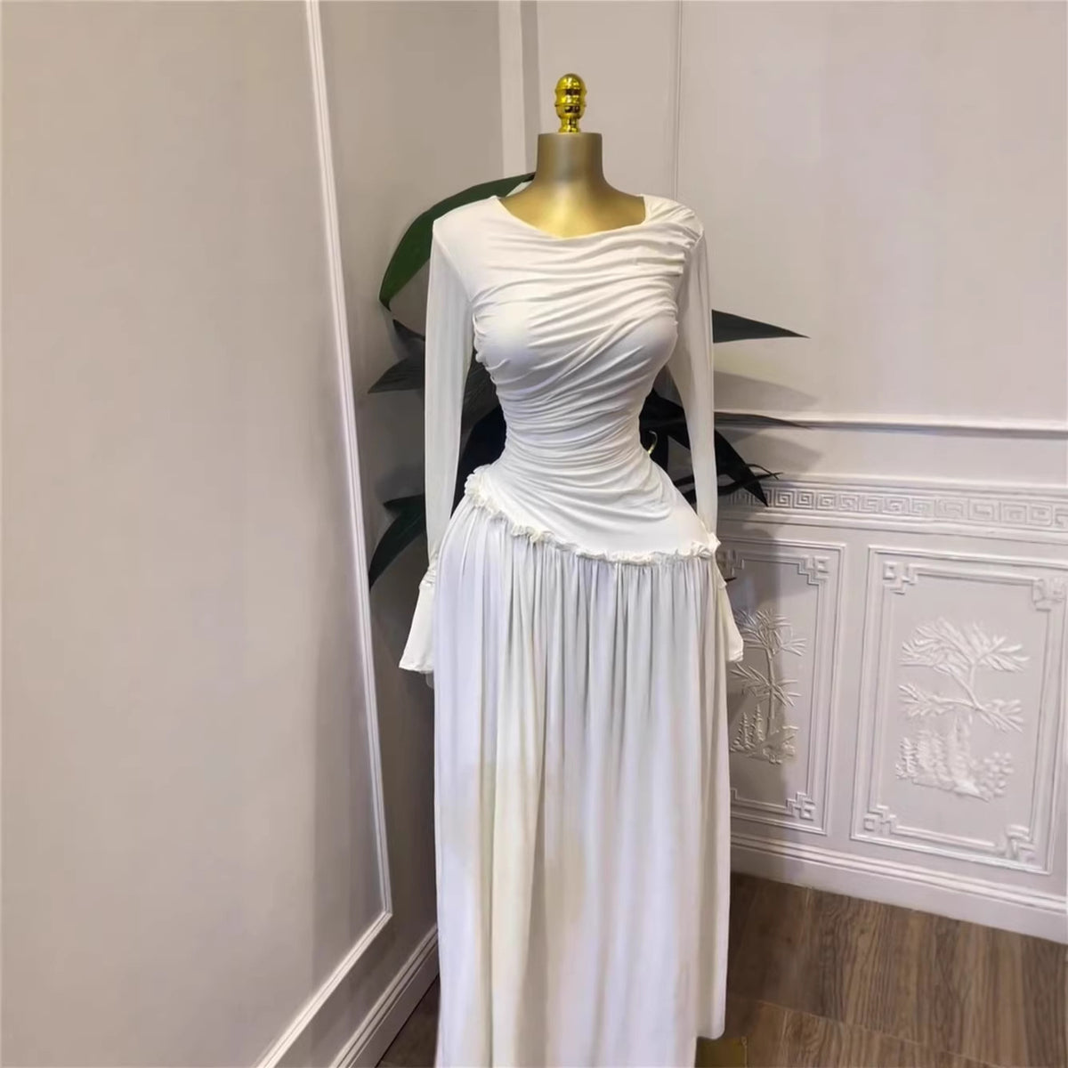 Elegant Long Sleeve Pleated Ruffle Resort Stretchy Maxi Dress