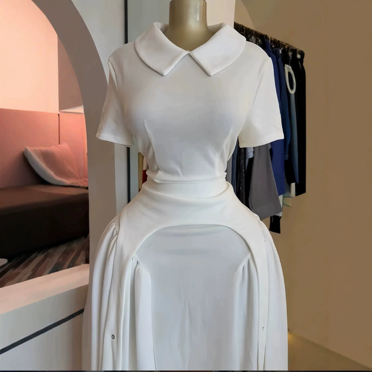 Short Sleeve Doll Collar Zipper White Long Dress