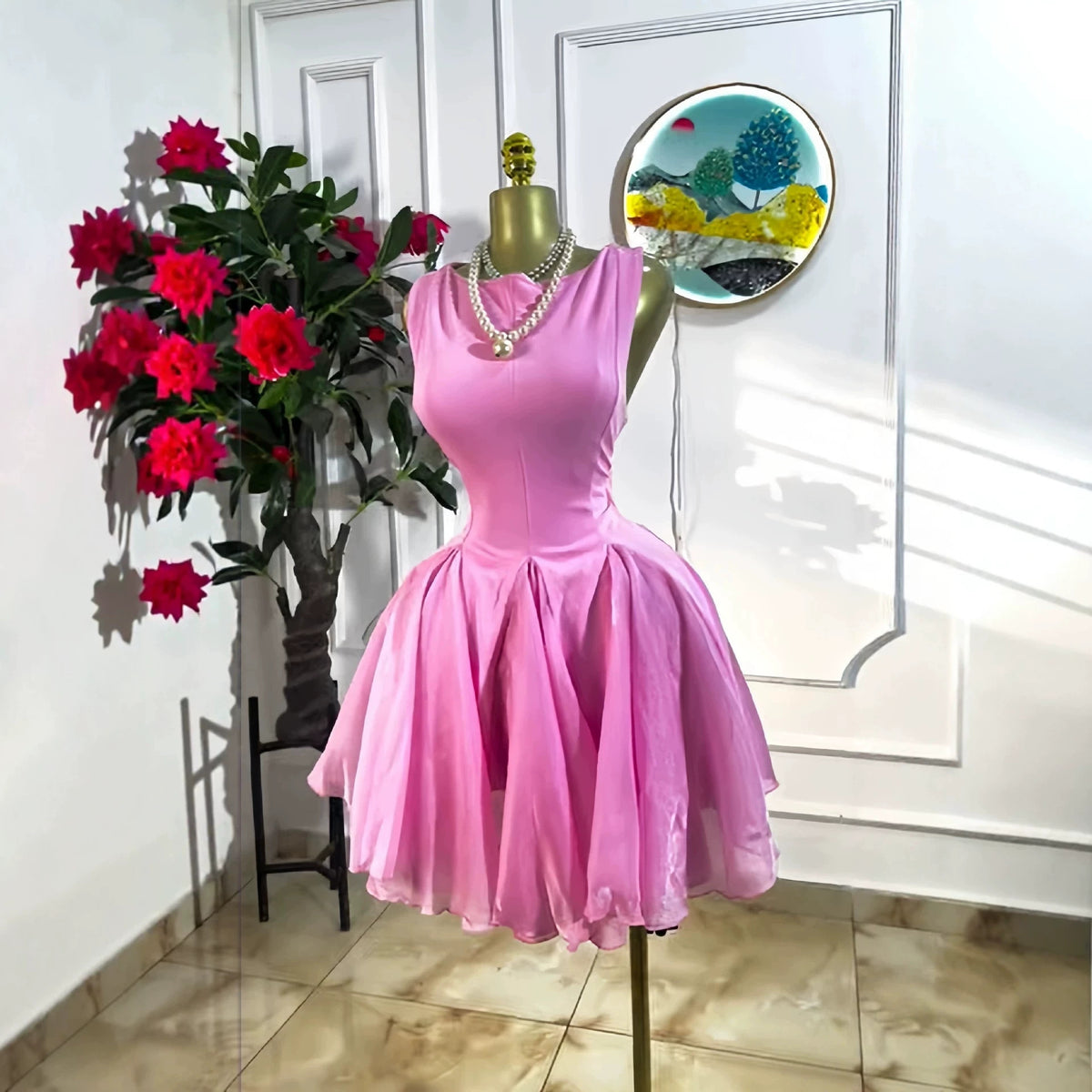 Sweet Vacation Sleeveless Pleated Slimming Short Pink Dress