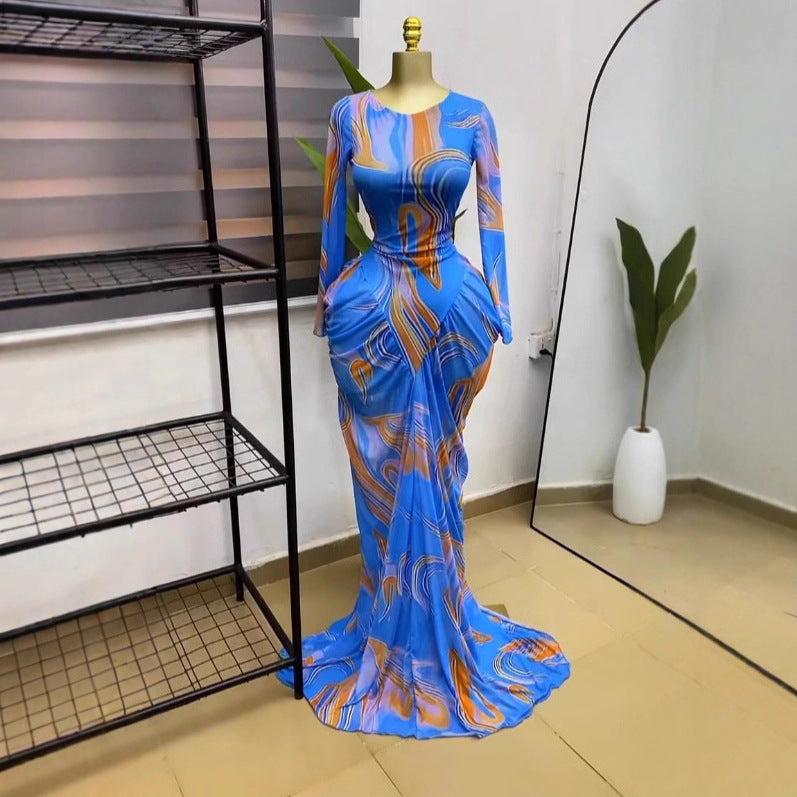 Print Long Sleeve Ruffled Mesh Maxi Dress