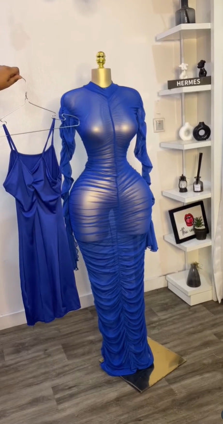 Long Sleeve Ruffled Long Dress with Inner Slip