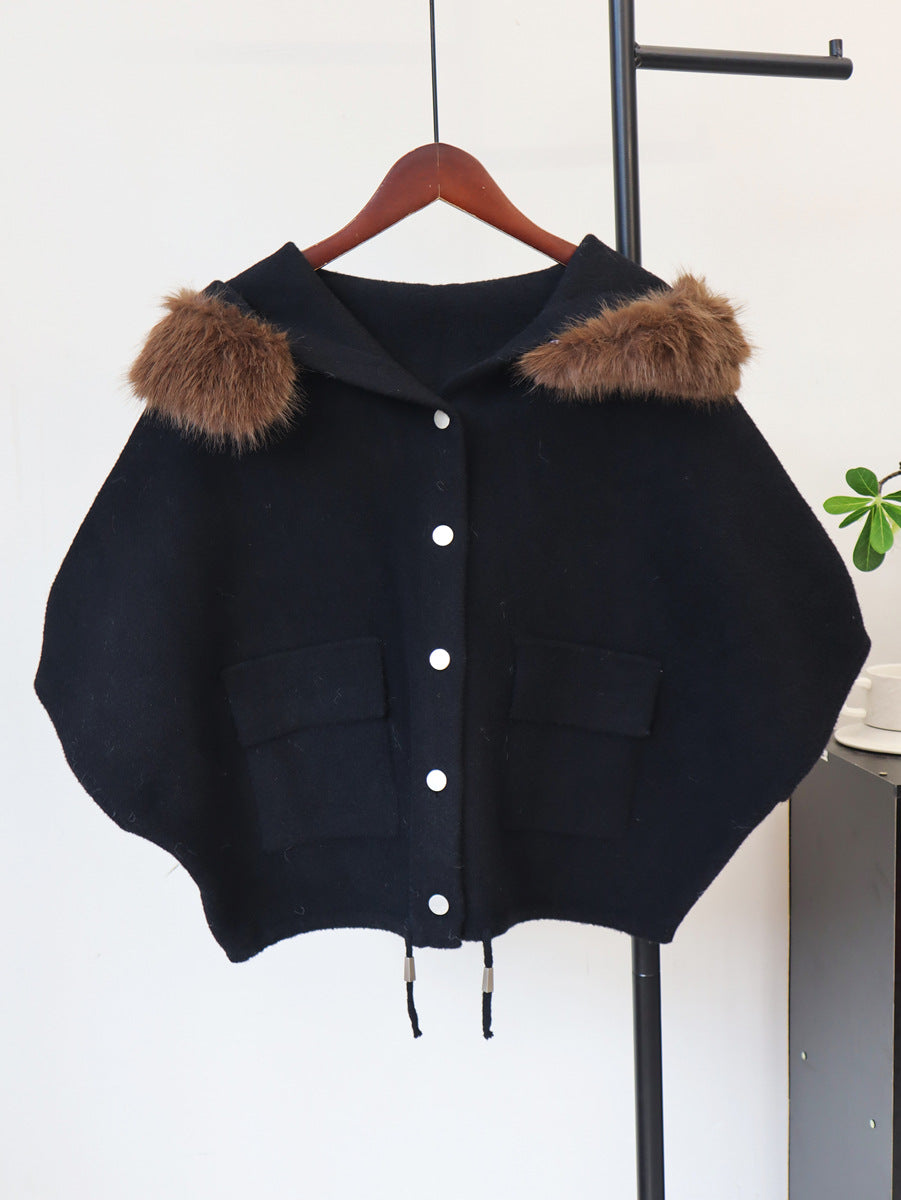 Mao collar hooded cloak jacket