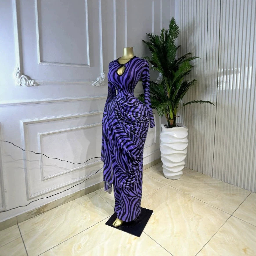 Printed Long Sleeve Mesh Cut-Out Rhinestone Dress