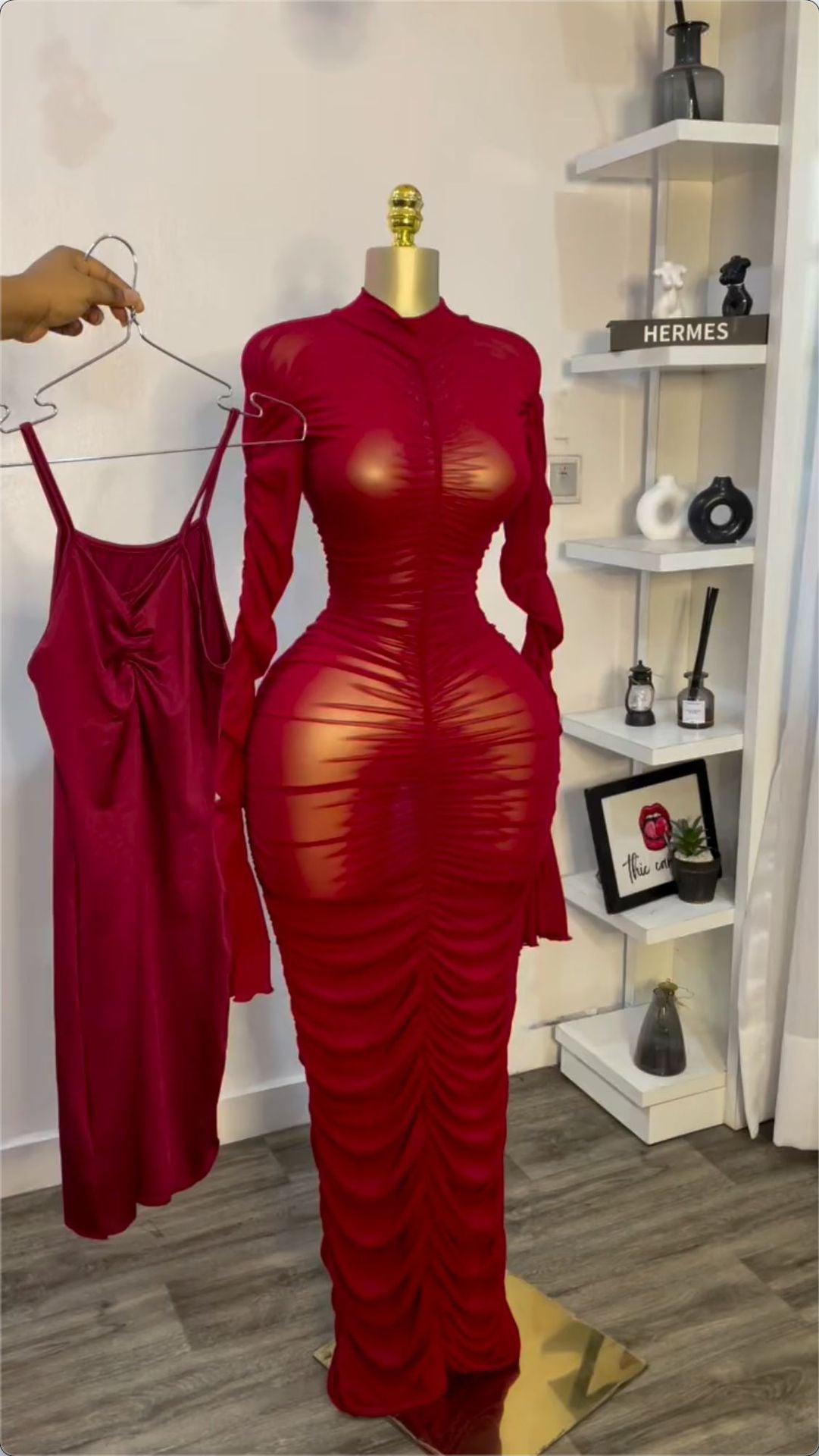 Long Sleeve Ruffled Long Dress with Inner Slip