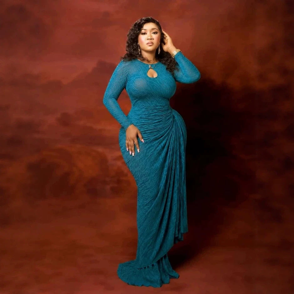 Jacquard Long Sleeve Ruched Maxi Dress