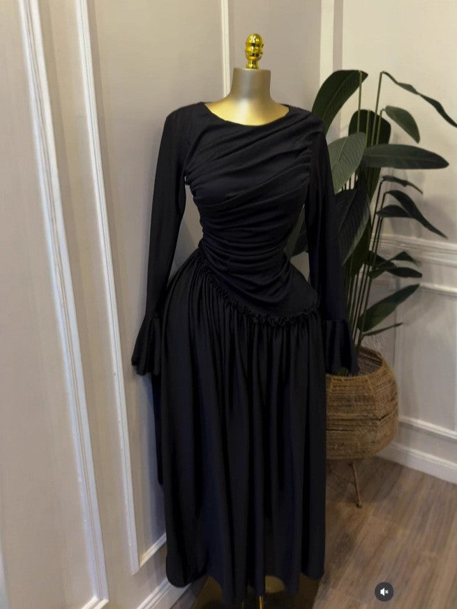 Elegant Long Sleeve Pleated Ruffle Resort Stretchy Maxi Dress