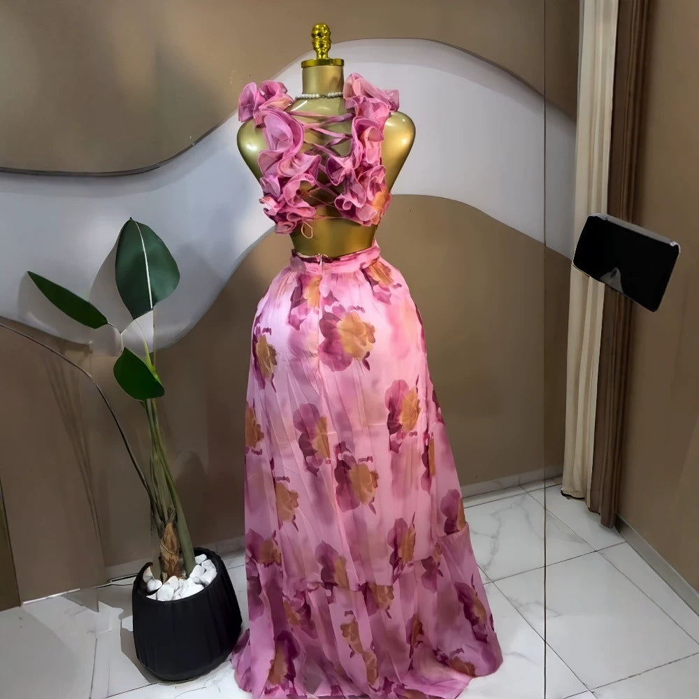 Elegant Printed Sleeveless Open Back Padded Maxi Dress