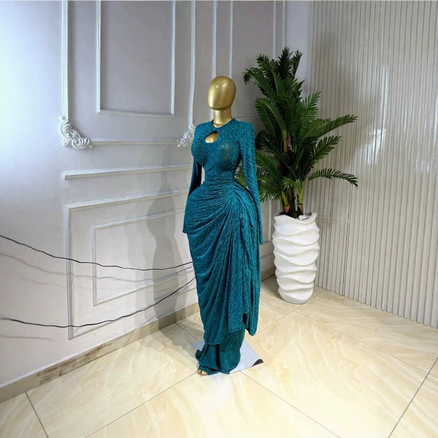 Jacquard Long Sleeve Ruched Maxi Dress