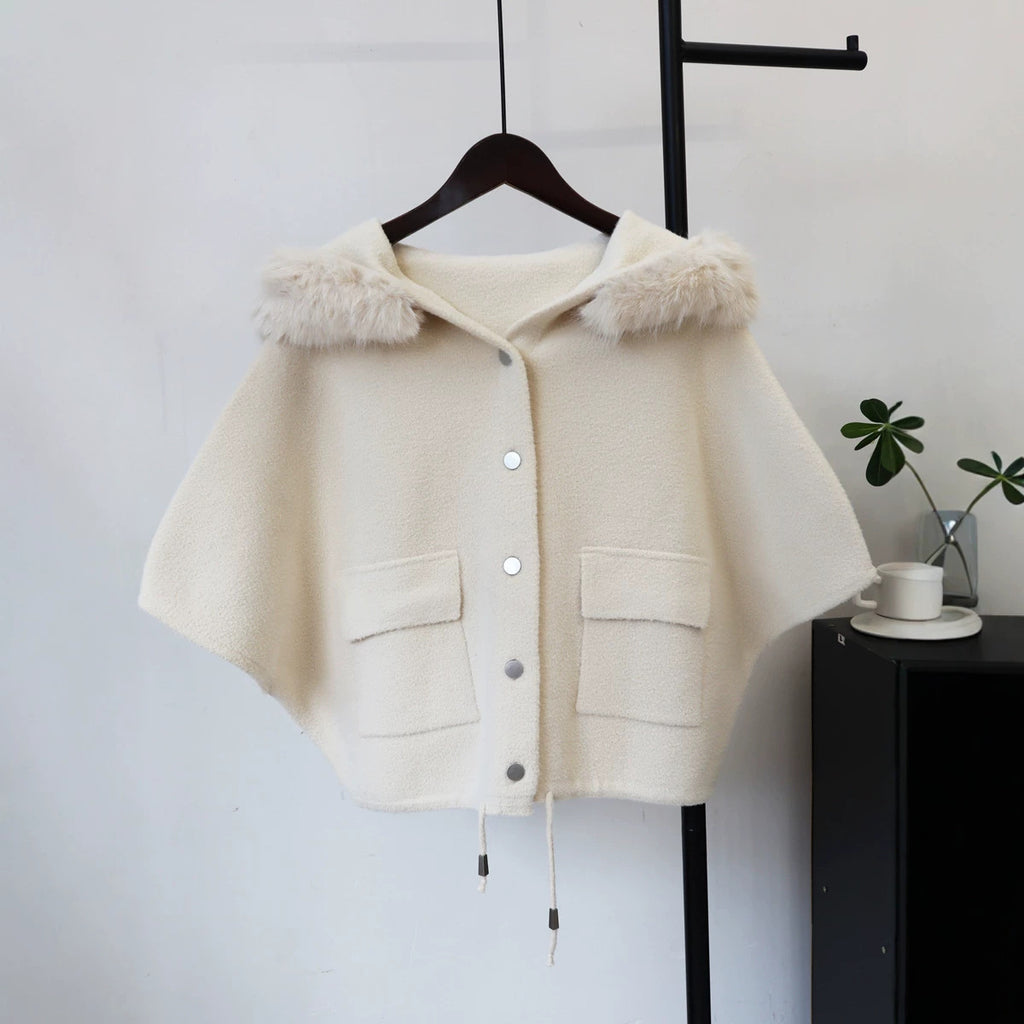 Mao collar hooded cloak jacket
