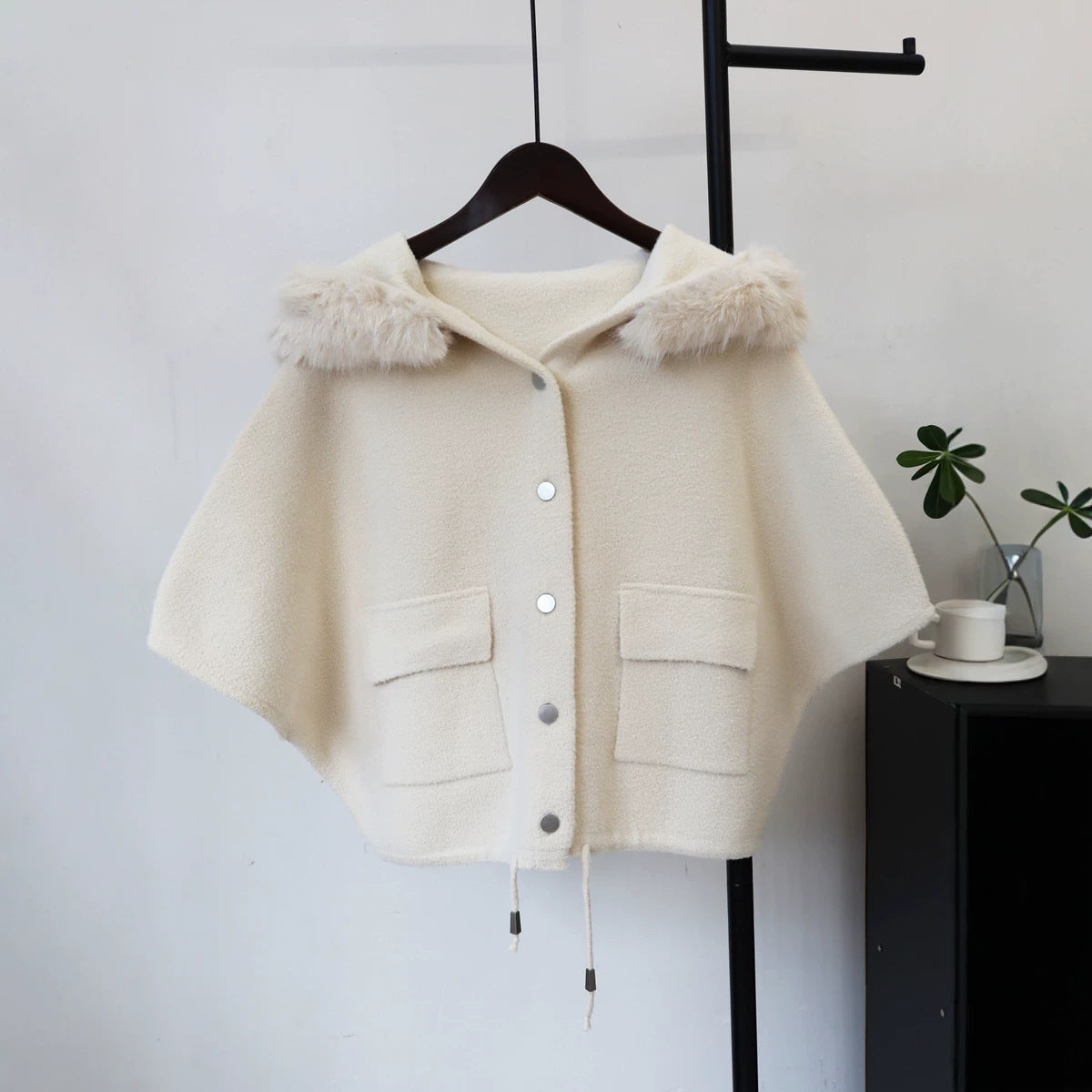 Mao collar hooded cloak jacket