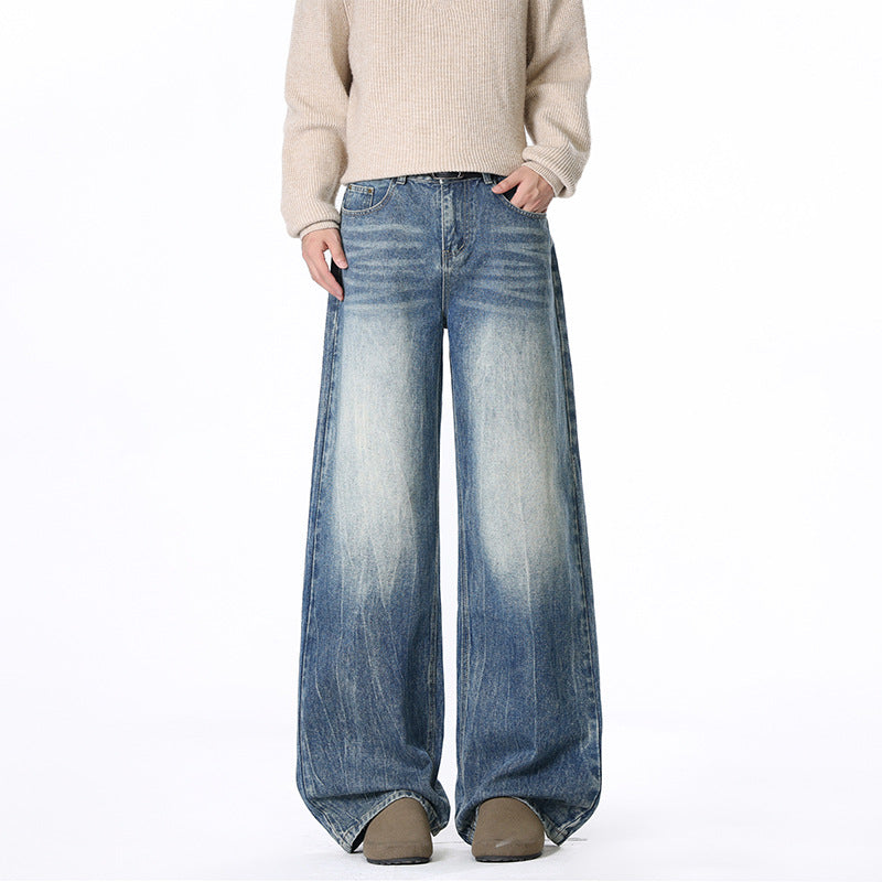 Men's Loose Straight Leg Floor Length Jeans Casual Pants with Belt Loops