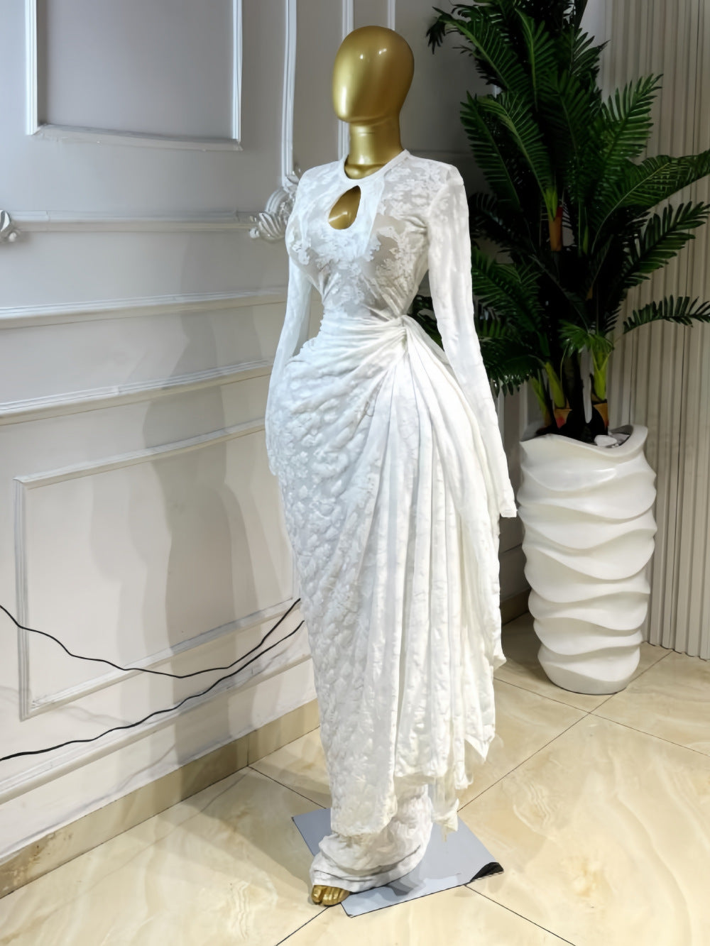 Jacquard Long Sleeve Ruched Tie Ribbon Maxi Dress
