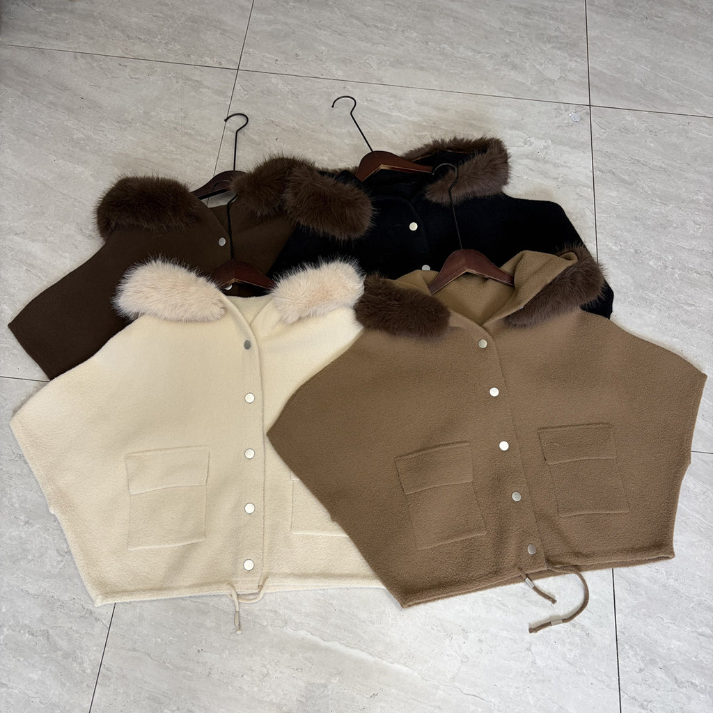 Mao collar hooded cloak jacket
