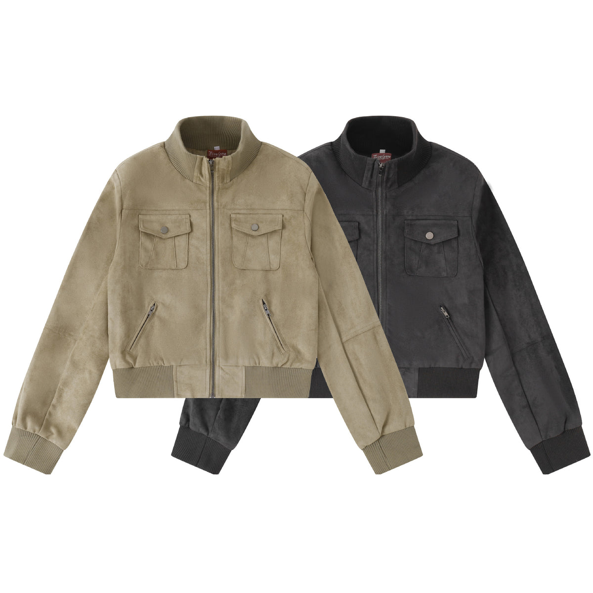 American Street Vintage Workwear Faux Suede Stand Collar Cropped Multi-Pocket Baseball Jacket for Women