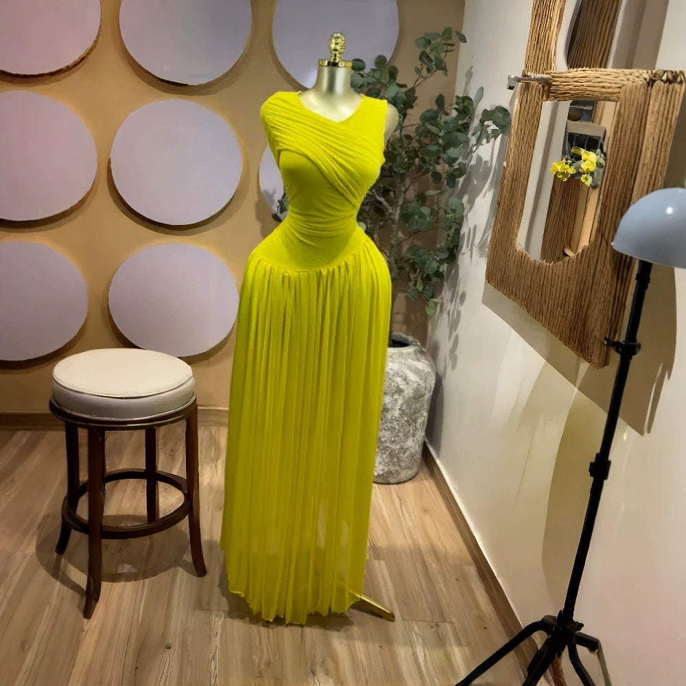 Sleeveless Pleated Mesh Long Formal Dress