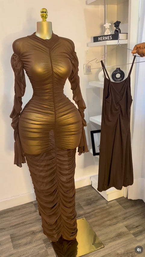 Long Sleeve Ruffled Long Dress with Inner Slip
