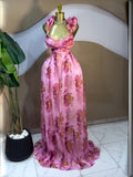 Elegant Printed Sleeveless Open Back Padded Maxi Dress