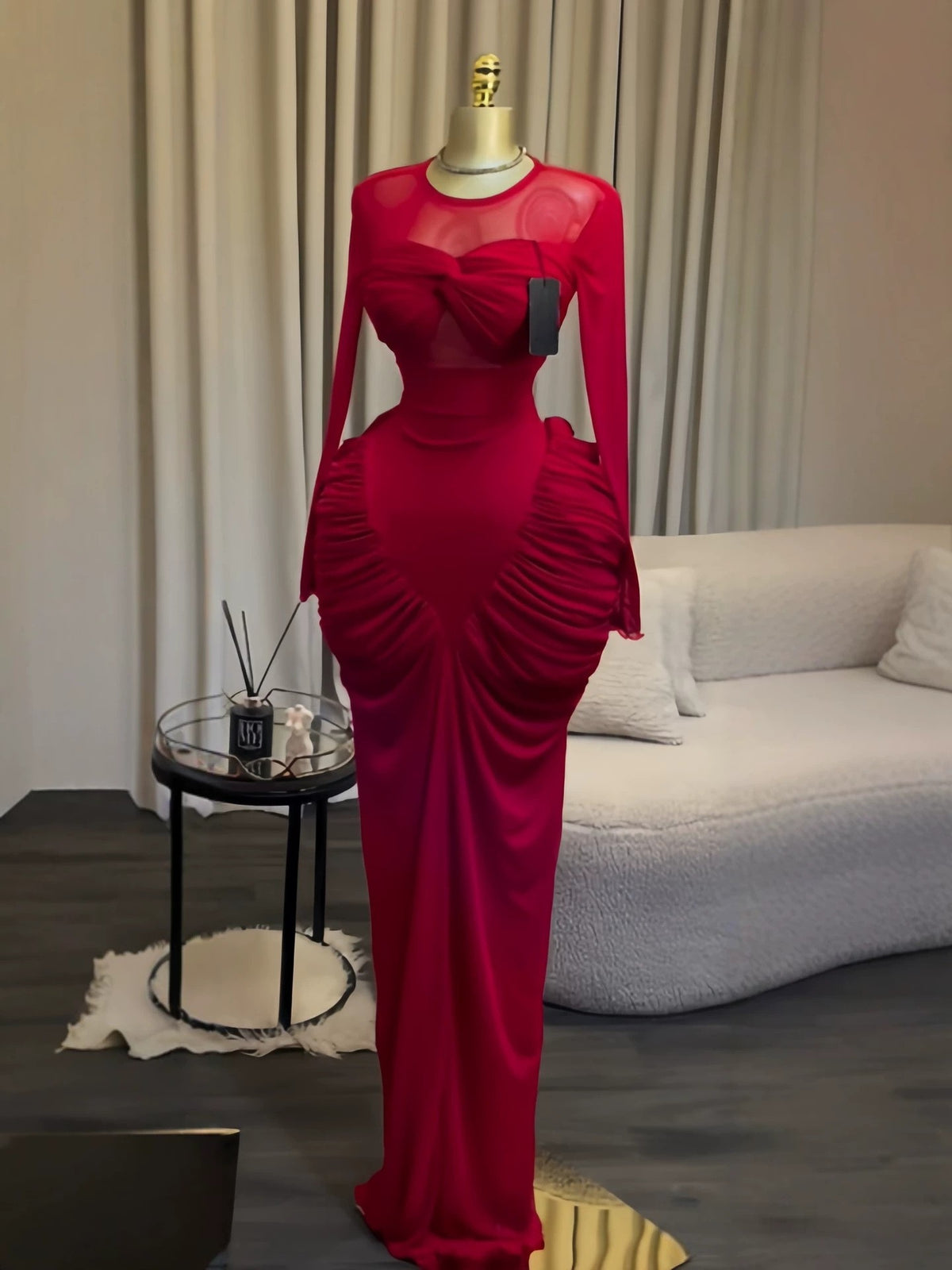 Chic Sexy Long Sleeve Ruched Mesh Slim Fit Bodycon Dress