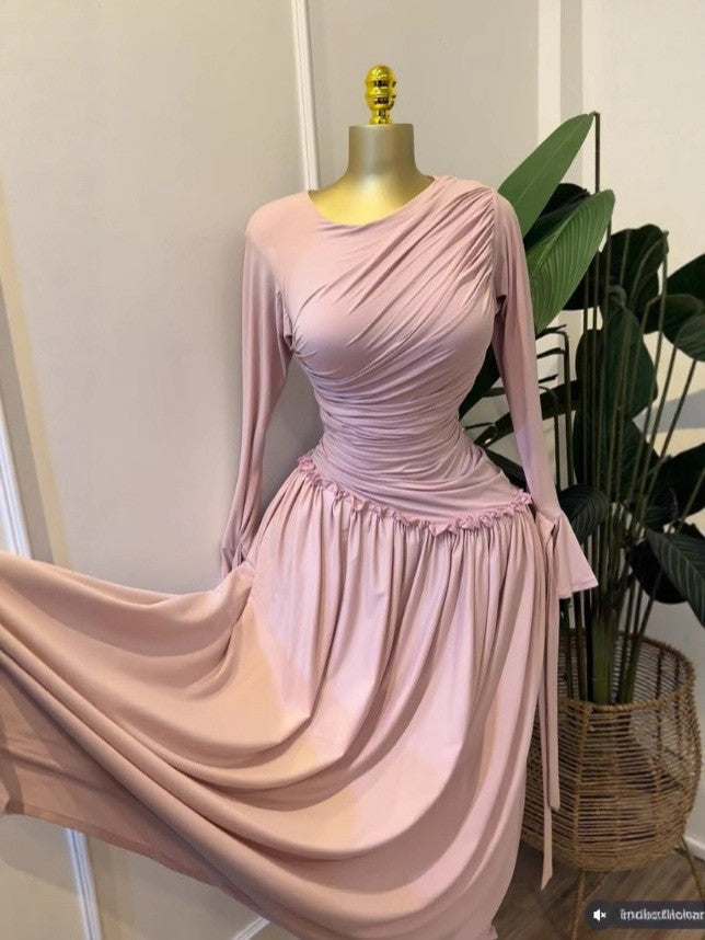 Elegant Long Sleeve Pleated Ruffle Resort Stretchy Maxi Dress
