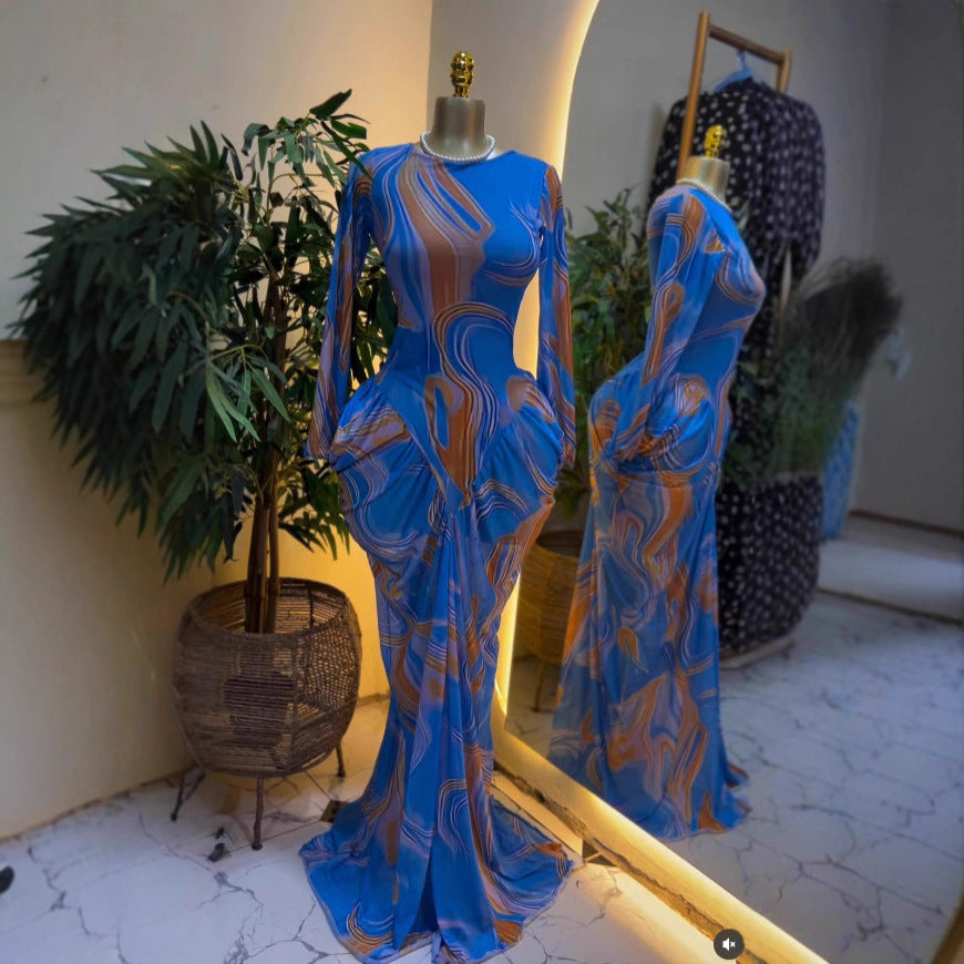 Print Long Sleeve Ruffled Mesh Maxi Dress