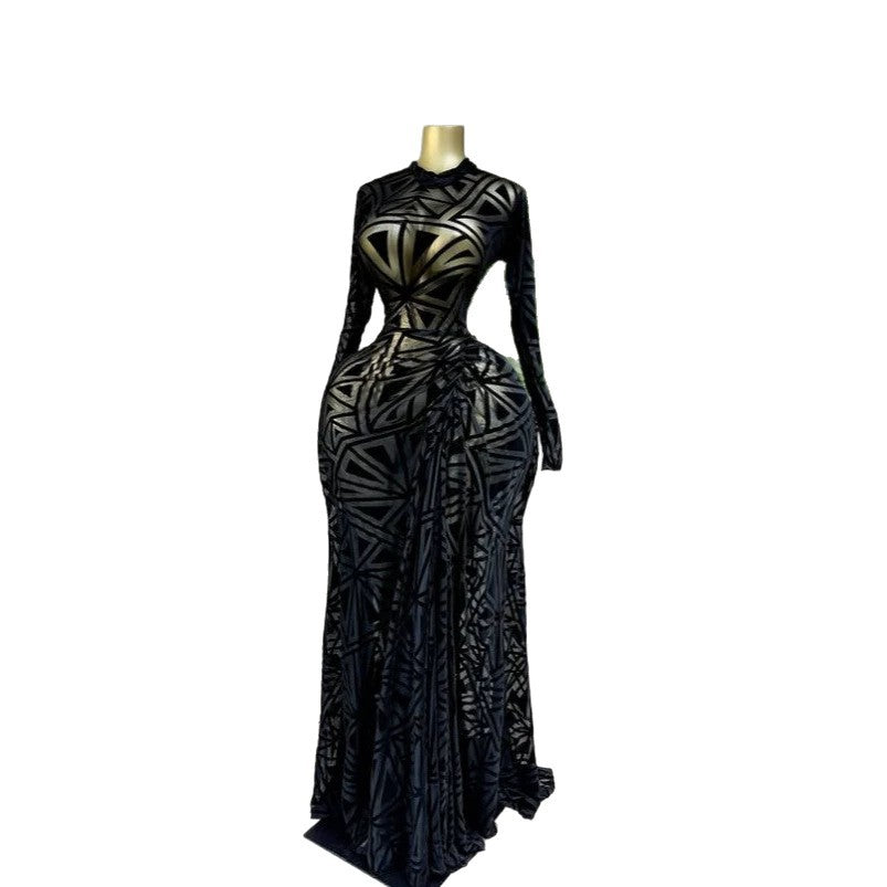 Long Sleeve Ruched Tulle Flocking Elegant Maxi Dress