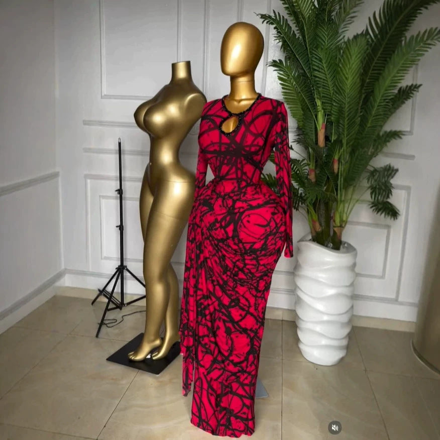 Printed Long Sleeve Mesh Cut-Out Rhinestone Dress