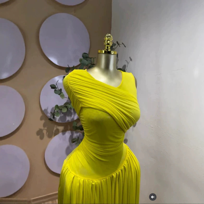 Sleeveless Pleated Mesh Long Formal Dress