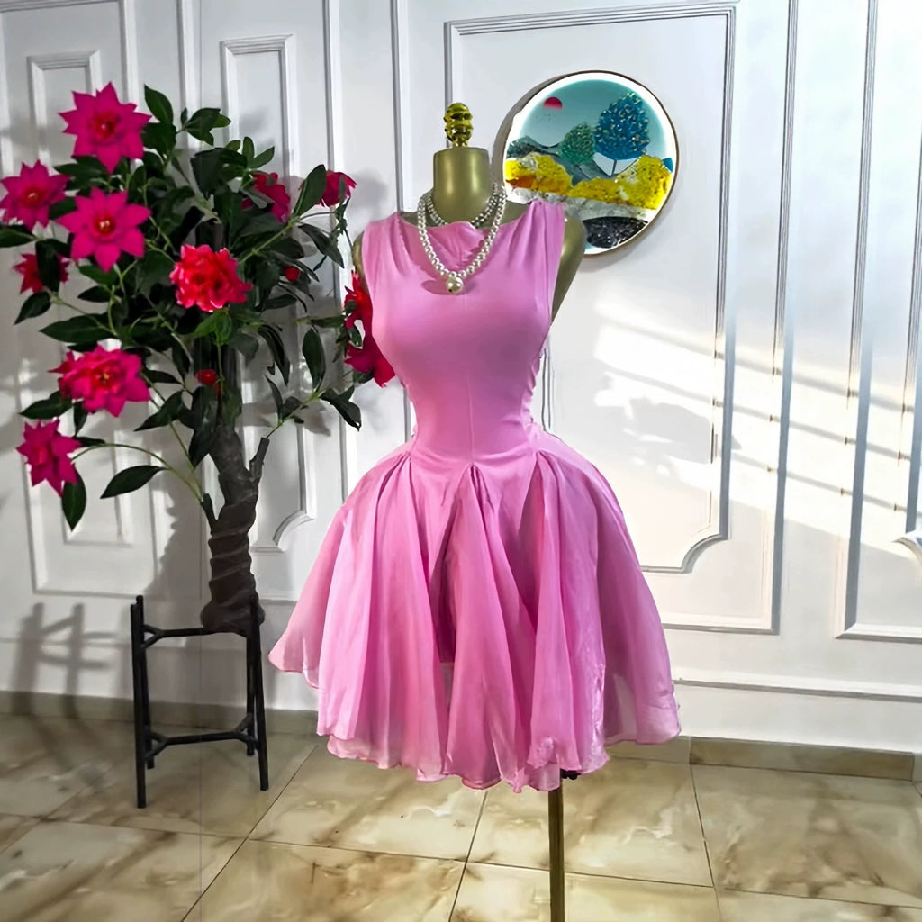 Sweet Vacation Sleeveless Pleated Slimming Short Pink Dress