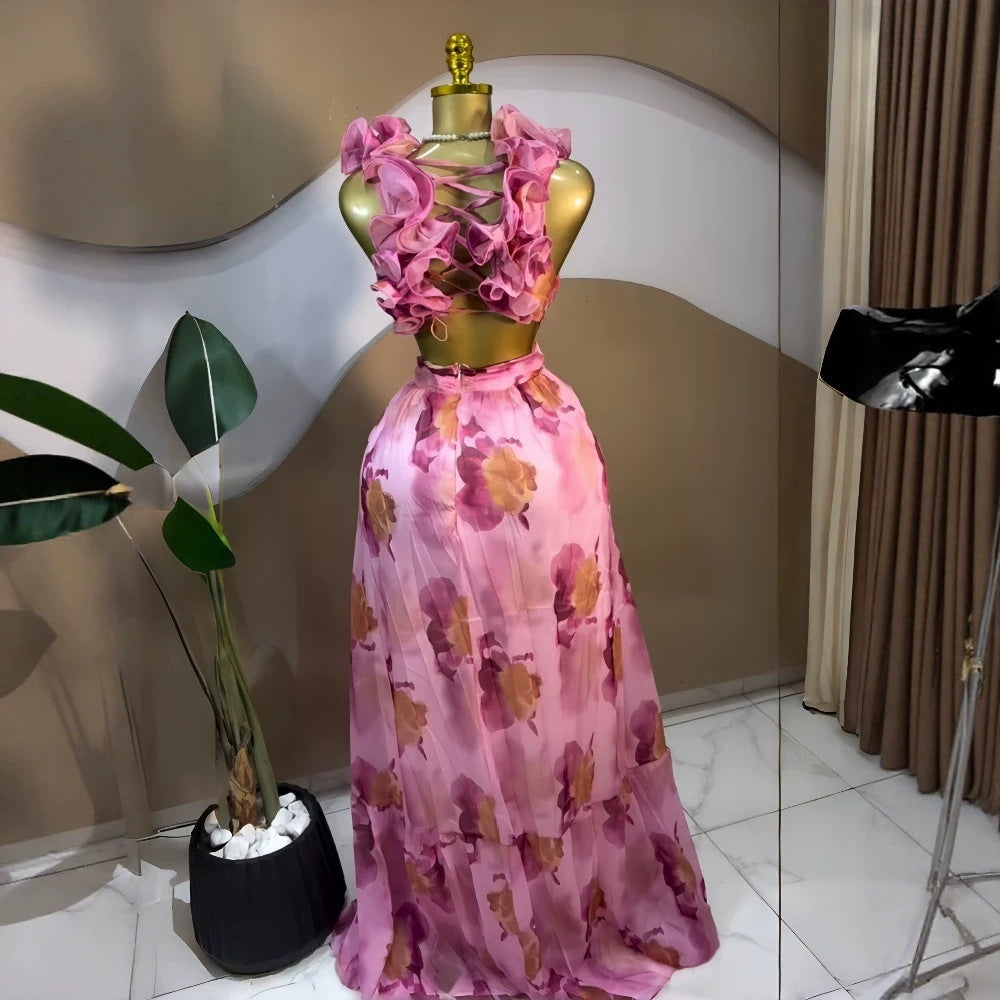 Elegant Printed Sleeveless Open Back Padded Maxi Dress